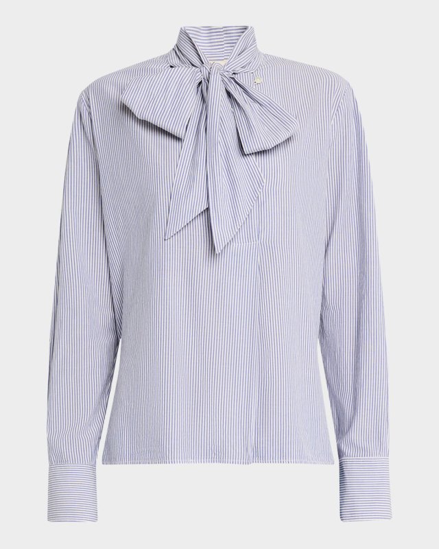Striped Tie-Neck Cotton Blous